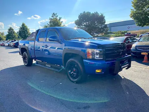 Blue truck with repaired paint